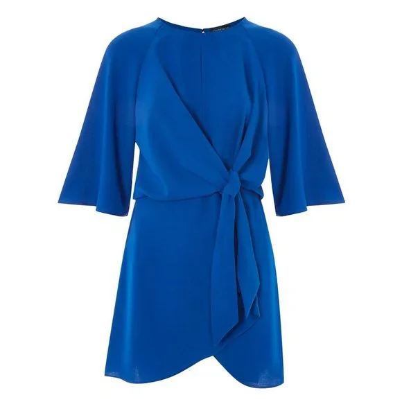 Topshop Dress Wide Half Sleeves Knot Tie Front Cobalt Royal Blue Mini Dress US 8 - Picture 5 of 16